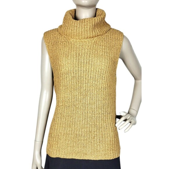 Vintage Josephine Chaus Gold Chunky Knit Sleeveless Turtleneck Sweater Medium - Picture 1 of 7